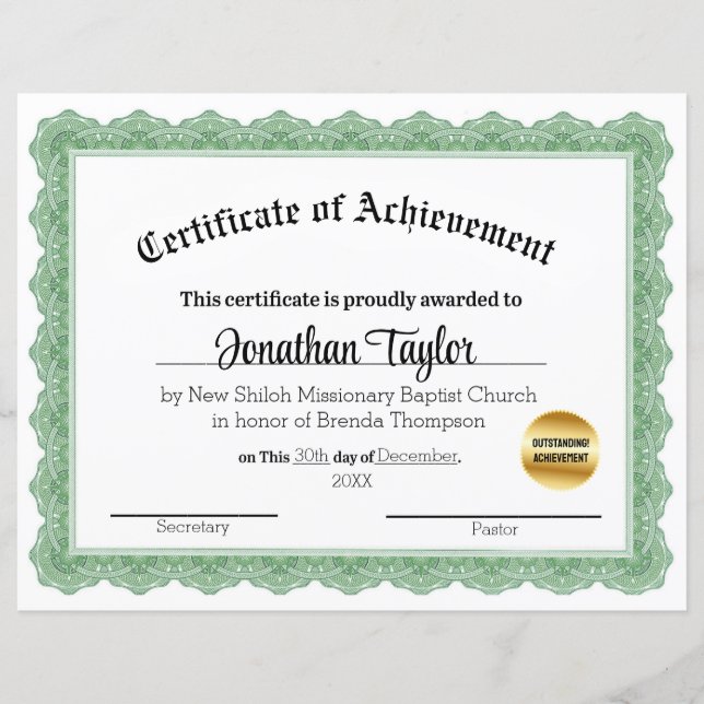 Grünes traditionelles Stipendienzertifikat (Vorderseite)