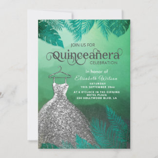 Grünes tropisches Sommersilberkleid Quinceañera Einladung