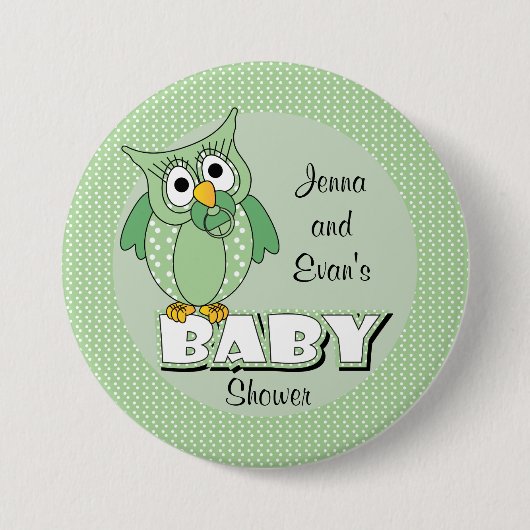 Grünes Tupfen-Eulen-Babyparty-Thema Button (Vorderseite)