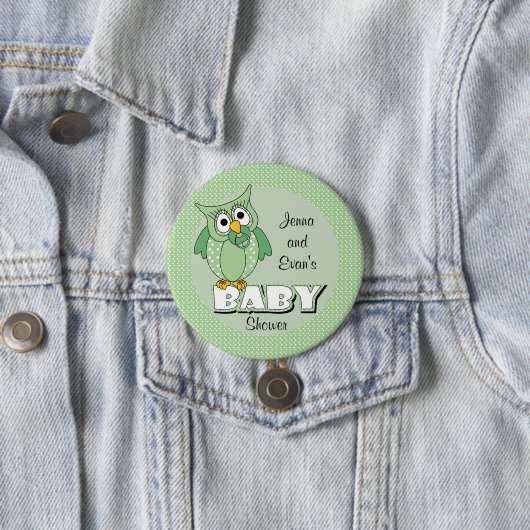 Grünes Tupfen-Eulen-Babyparty-Thema Button (Beispiel)