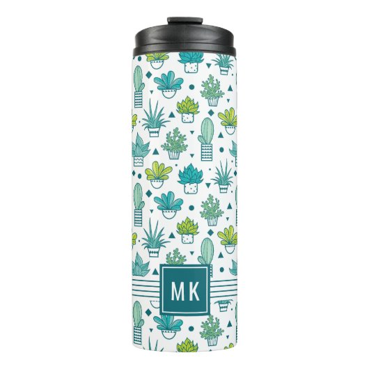 Grünes u. blaues Aquarellsucculent-Muster Thermosbecher (Vorderseite)