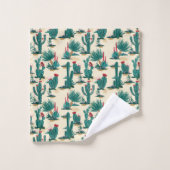 Grünes u. rotes Kaktus-Muster Badhandtuch Set (Waschlappen)