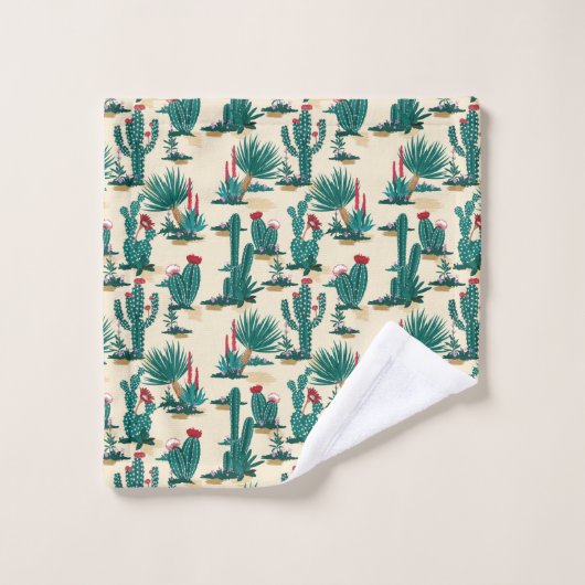 Grünes u. rotes Kaktus-Muster Badhandtuch Set (Waschlappen)