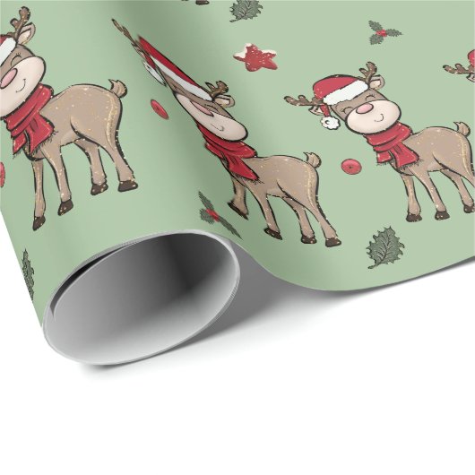 Grünes Umhüllungspapier von Rentier und Red Berry  Geschenkpapier (Rolleneckpunkt)
