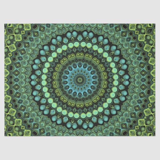 Grünes und Aquamarines Kaleidoskop Mandala Pattern Seidenpapier (Vorderseite)