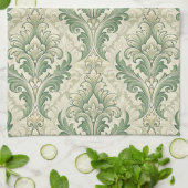 Grünes und Beiges Vintage-Blumenmuster Geschirrtuch (Gefaltet)