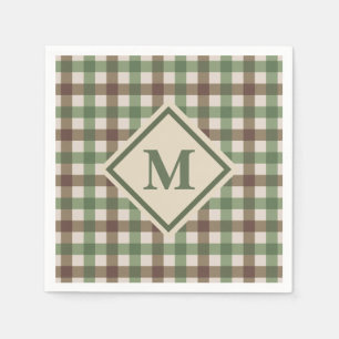 Grünes und braunes Gingham-Karo mit Monogramm-Pick Serviette