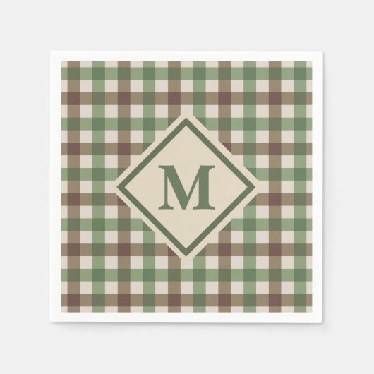 Grünes und braunes Gingham-Karo mit Monogramm-Pick Serviette (Vorderseite)