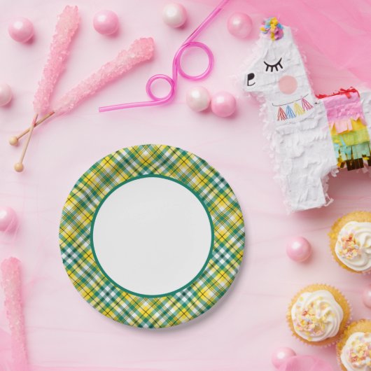 Grünes und gelbes Goldsportliches kariertes Pappteller (Party)