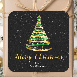 Grünes und goldenes Band Baum Frohe Weihnachten Quadratischer Aufkleber