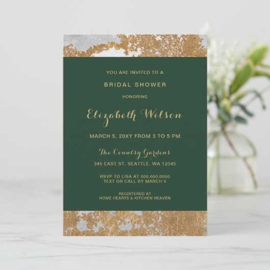 Grünes und goldenes Brautparty aus Marmor Einladung (Stehend Vorderseite)