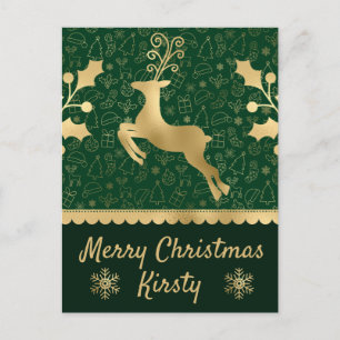 Grünes und goldenes Folien-Weihnachtsrentier und S Feiertagspostkarte
