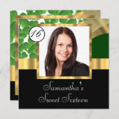 Grünes und goldenes Foto 16 . Geburtstag Einladung (Vorne/Hinten)