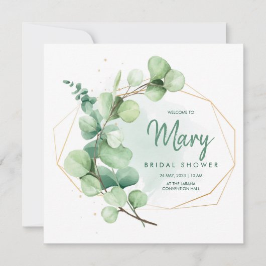 Grünes und goldfarbenes Eukalyptus-Brautparty Einladung (Vorderseite)