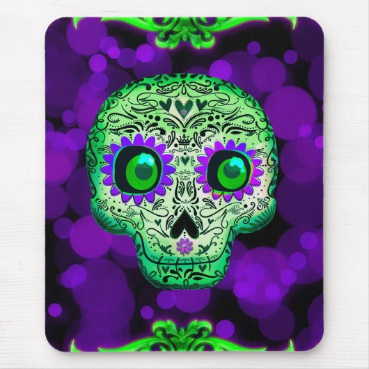 Grünes und Lila glühendes Zuckerschädel Halloween Mousepad (Vorne)
