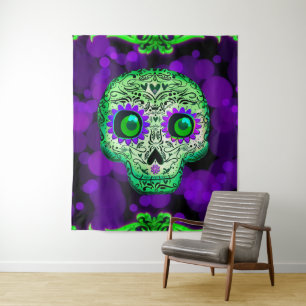 Grünes und Lila glühendes Zuckerschädel Halloween Wandteppich