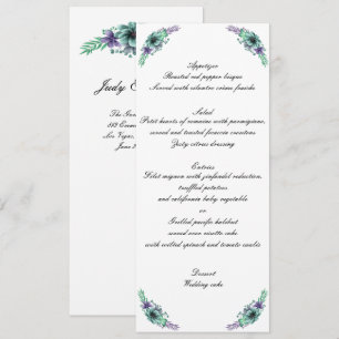 Grünes und lila Wasserfarben-Blumen-Hochzeitsmenü  Einladung