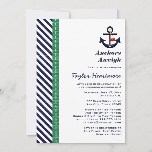 Grünes und Navy Blue Anchor Brautparty Einladung (Vorderseite)