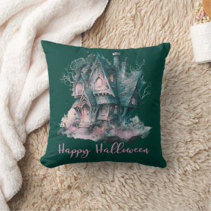 Grünes und Rosa Spukhaus Grünes Frohes Halloween Kissen