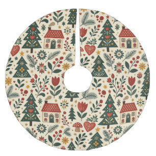 Grünes und rotes nordisches botanisches Weihnachts Polyester Weihnachtsbaumdecke