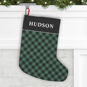 Grünes und schwarzes Büffel-Karo-Ferien-Monogramm Kleiner Weihnachtsstrumpf