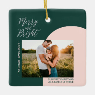 Grünes und silbernes modernes Weihnachtsfoto Famil Keramikornament