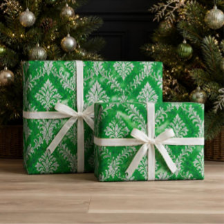 Grünes und weißes viktorianisches Damast-Weihnacht Geschenkpapier