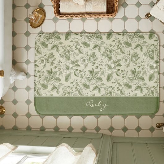 Grünes Vintage-Blumen-Toile-Muster Badematte