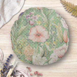Grünes Vintage-Blumenmuster mit Punkten Rundes Kissen