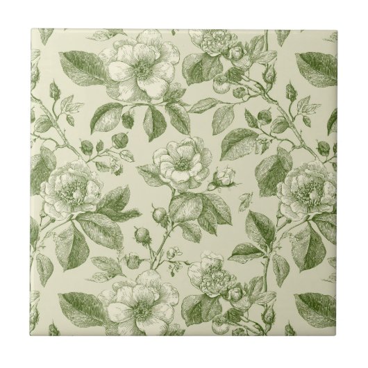Grünes vintage botanisches Toile-Muster Fliese (Vorderseite)