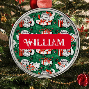 Grünes Vintage-Weihnachts-Kätzchen-Muster aus den Ornament Aus Metall