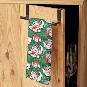 Grünes Vintage-Weihnachtsmuster mit Kätzchen aus d Geschirrtuch