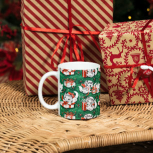 Grünes Vintage-Weihnachtsmuster mit Kätzchen aus d Kaffeetasse