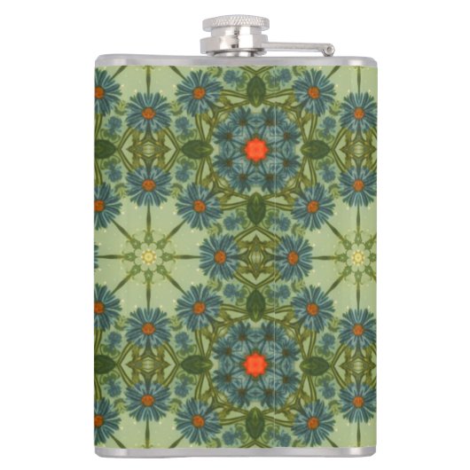 Grünes Vintages Muster mit Blumen Flachmann (Rückseite)