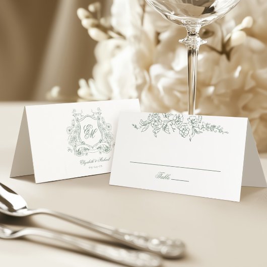Grünes Wappen Mongram Elegante Hochzeit Platzkarte