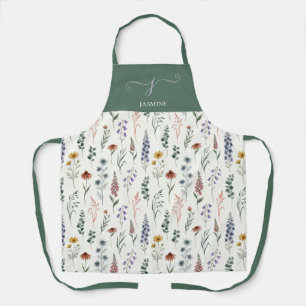 Grünes Wasserfarben-Wildblumen-Boho-Monogramm-Name Schürze