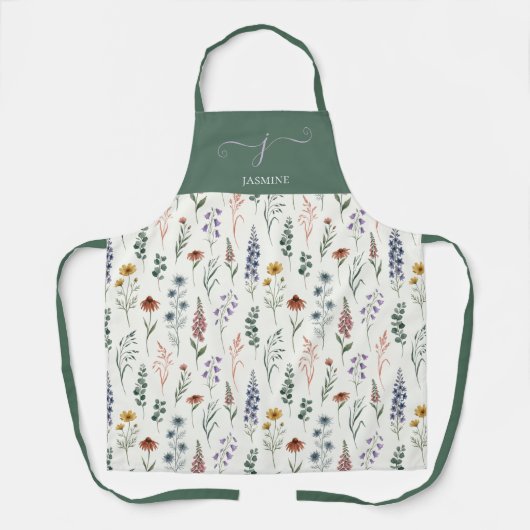 Grünes Wasserfarben-Wildblumen-Boho-Monogramm-Name Schürze (Vorderseite)