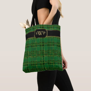 Grünes Weihnachten Goldkariert Monogramm Tartan Tasche