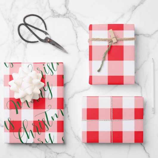 Grünes Weihnachten Rotes Karo Geschenkpapier Set (Vorderseite)