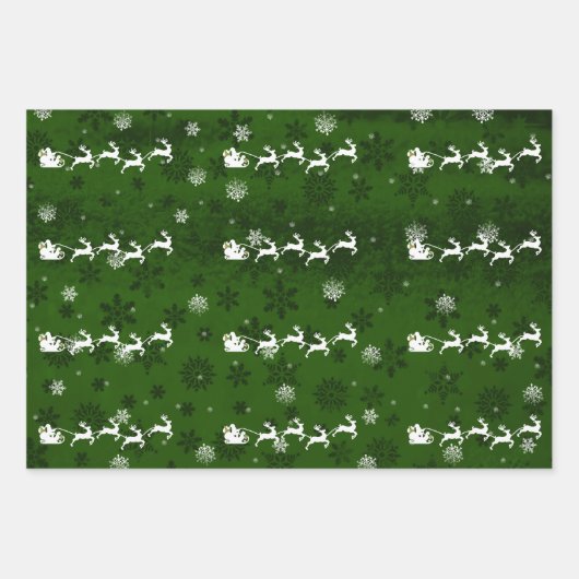 Grünes Weihnachtsblatt zum Schlitten und Rentieren Geschenkpapier Set (Vorderseite)