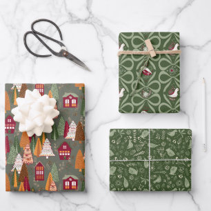 Grünes Weihnachtswald-Dorf-Vögel-Häuser Geschenkpapier Set