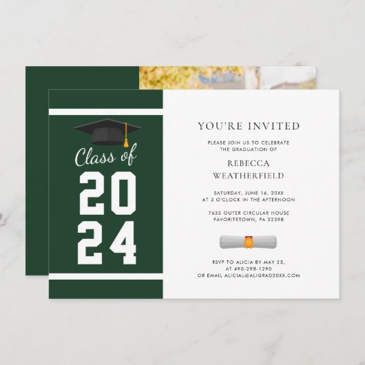Grünes Weiß-Foto-Graduationspartei 2024 Einladung (Vorne/Hinten)