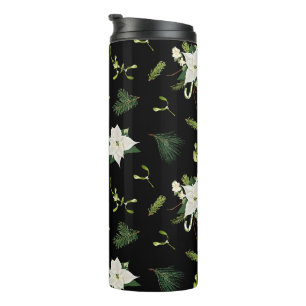 Grünes weißes Blumenmuster auf Schwarz Thermosbecher