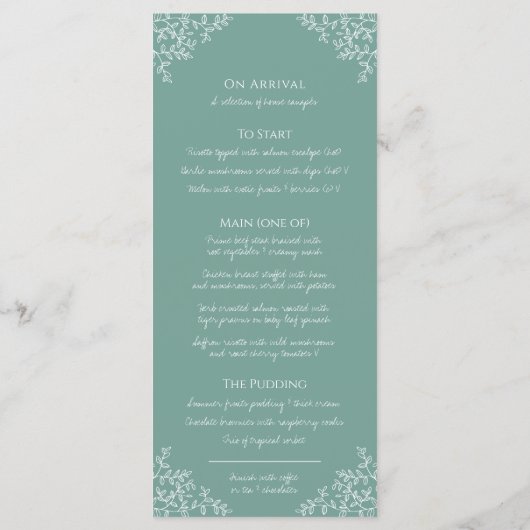 Grünes, weißes botanisches Blatt zeichnend Monogra Menükarte (Rückseite)