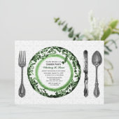 Grünes weißes feines speisendes Abendessen-Party Einladung (Stehend Vorderseite)