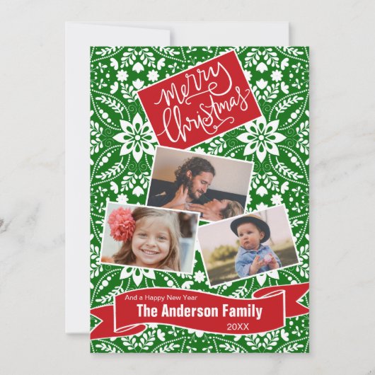 Grünes, weißes Folkloremuster Feiertagskarte (Vorderseite)