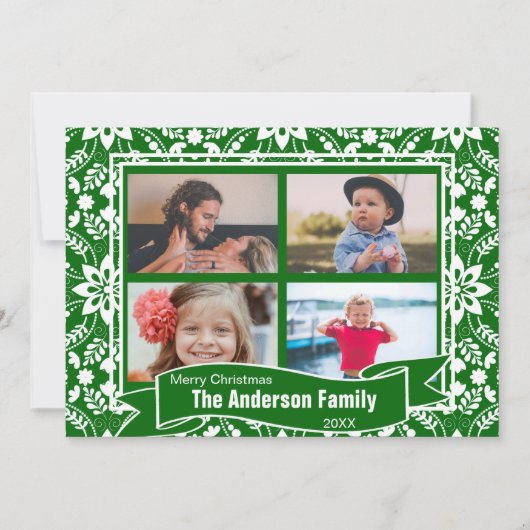 Grünes, weißes Folkloremuster Feiertagskarte (Vorderseite)