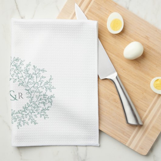 Grünes, weißes Kreissenblatt, Monogramm, zeichnend Geschirrtuch (Viertel Falte)