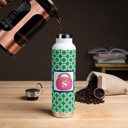 Grünes weißes Link Muster Rosa Bermuda Beutel Puru Trinkflasche (Kaffee)