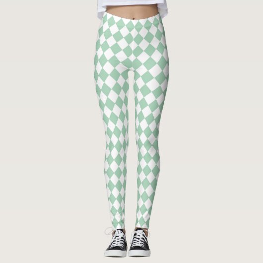 Grünes weißes Schachbrett Diamantmuster Leggings (Vorderseite)